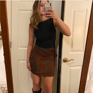 With Jean Olive Green and Rust Camo Midi Skirt